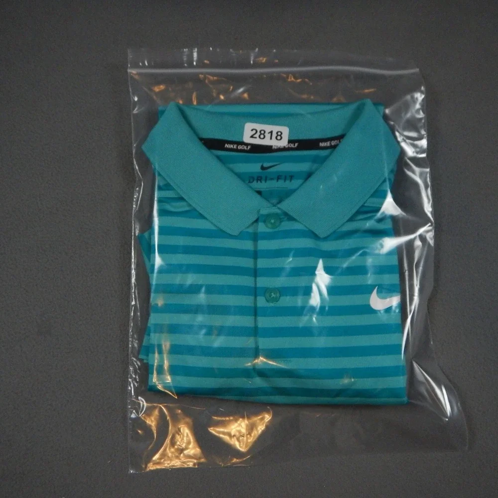 Nike Golf Polo Shirt Mens L Blue Green Striped Dri-Fit Short Sleeve Tour 18 Logo